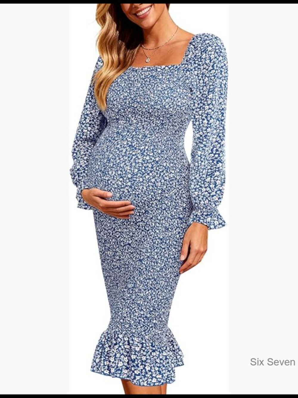 Long Sleeve Floral Smocked Bodycon Mermaid Midi Dress